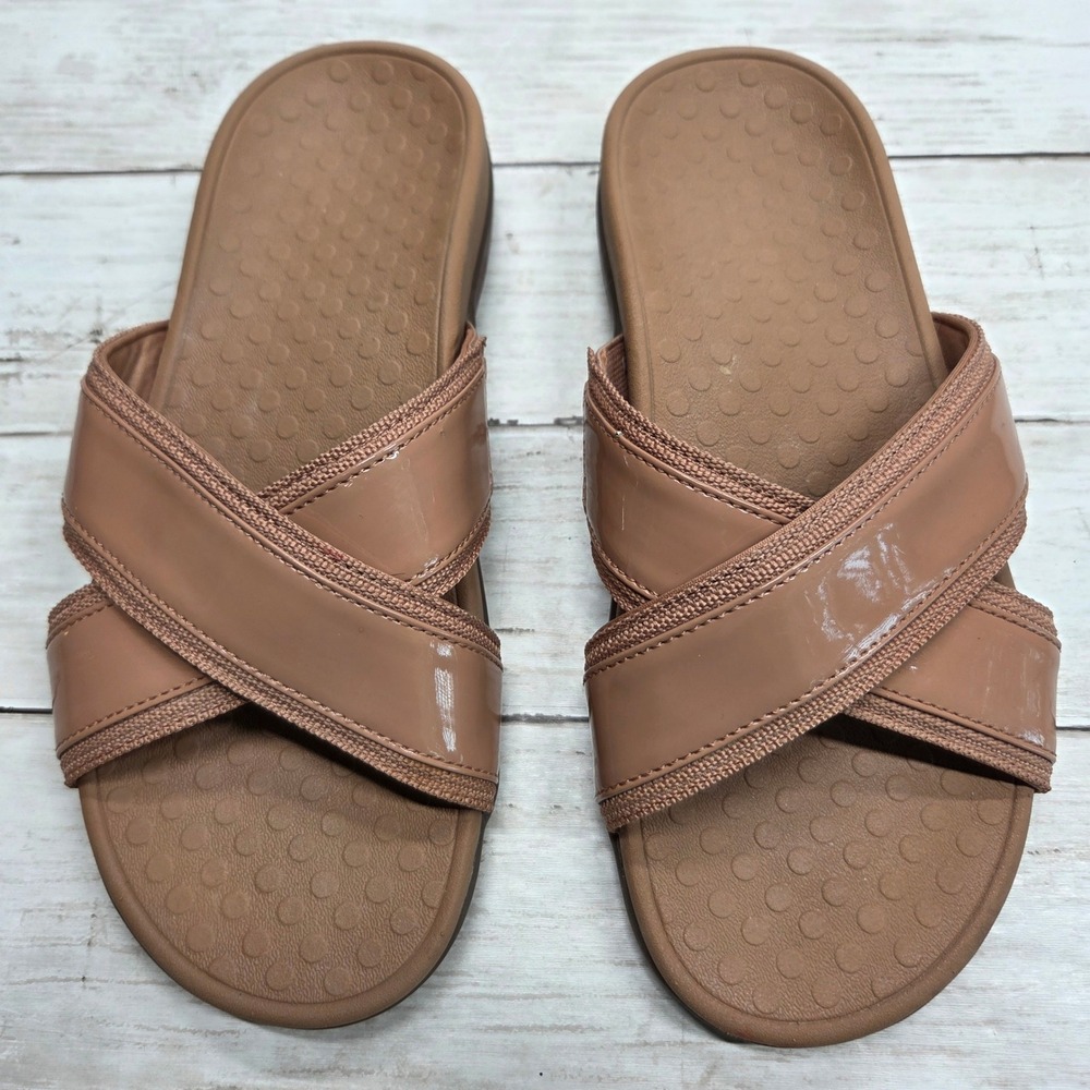 Vionic Merced Slide Sandal Crisscross Patent Women 7 Tan Nude Orthotic Comfort